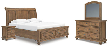 Vandenmore King Storage Sleigh Bed with Mirrored Dresser and Nightstand