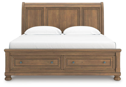 Vandenmore King Storage Sleigh Bed with Mirrored Dresser and Nightstand