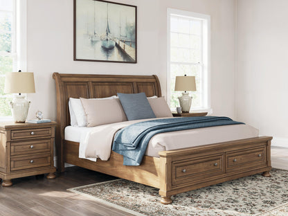 Vandenmore King Storage Sleigh Bed with Mirrored Dresser and Nightstand