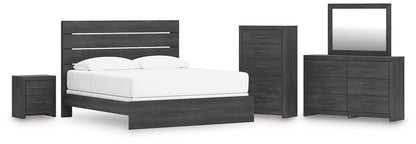 Delmorta King Panel Bed, Dresser, Mirror, Chest and Nightstand