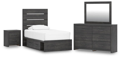 Delmorta Twin Panel Storage Bed, Dresser, Mirror and Nightstand
