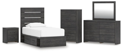 Delmorta Twin Panel Storage Bed, Dresser, Mirror, Chest and Nightstand