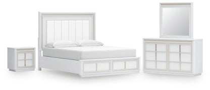 Chalanna California King Upholstered Storage Bed, Dresser, Mirror and Nightstand