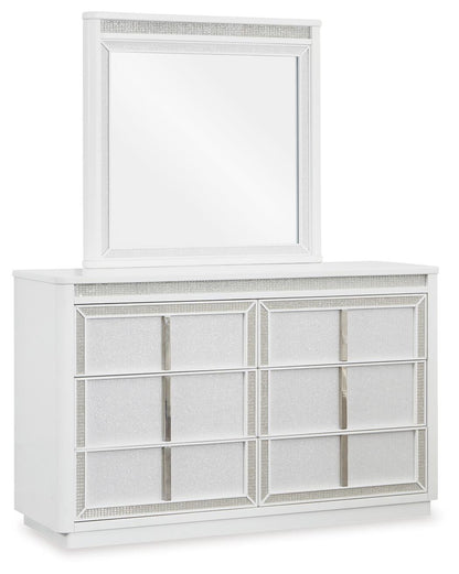 Chalanna California King Upholstered Storage Bed, Dresser, Mirror and Nightstand