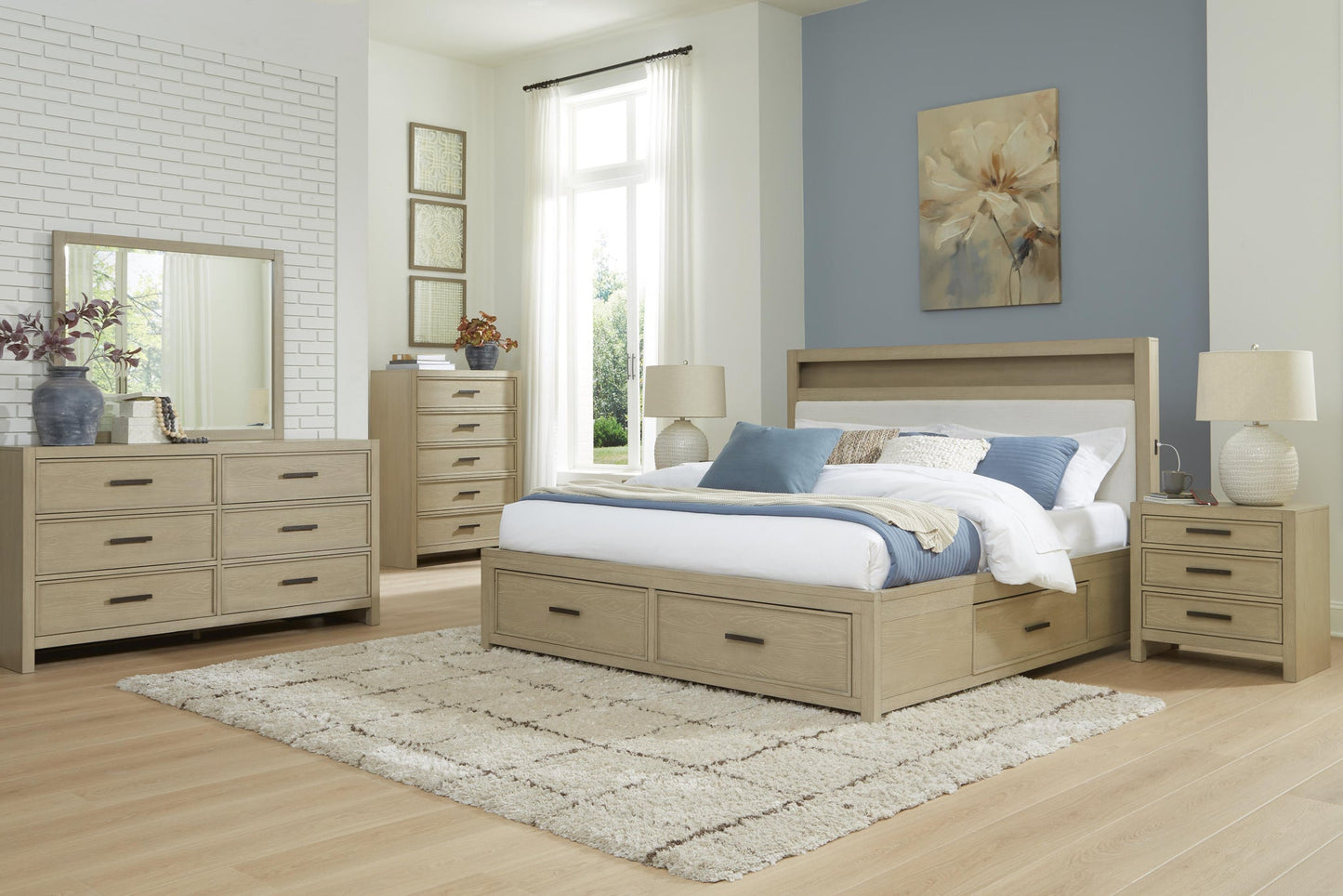 Calmoro Queen Bookcase Bed with Mirrored Dresser