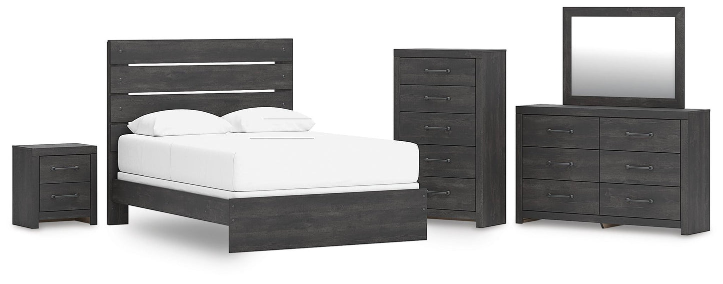 Delmorta Queen Panel Bed, Dresser, Mirror, Chest and Nightstand
