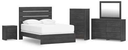 Delmorta Queen Panel Bed, Dresser, Mirror, Chest and Nightstand
