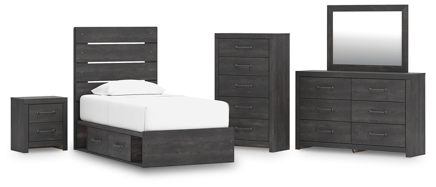 Delmorta Twin Panel Bed with Storage, Dresser, Mirror, Chest and Nightstand