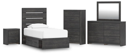Delmorta Twin Panel Bed with Storage, Dresser, Mirror, Chest and Nightstand