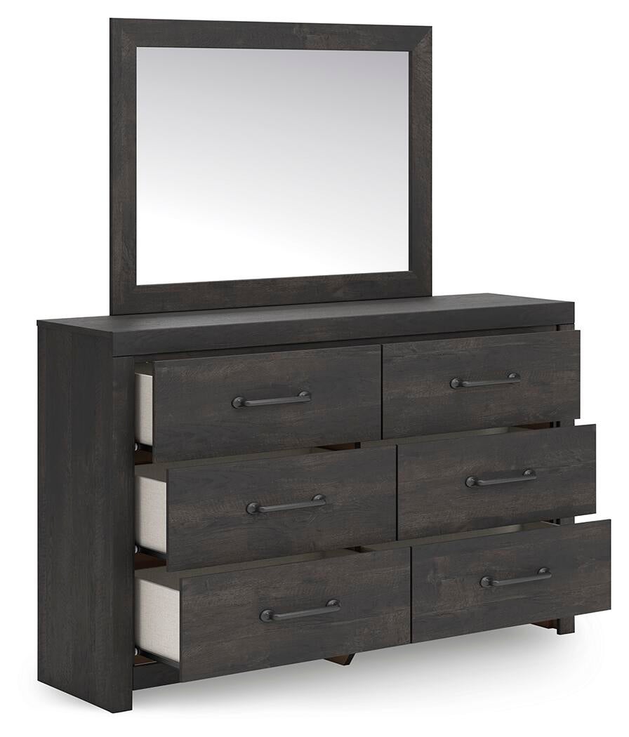 Delmorta Twin Panel Bed with Storage, Dresser, Mirror and Nightstand