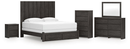 Parlayon King Panel Storage Bed, Dresser, Mirror, Chest and Nightstand