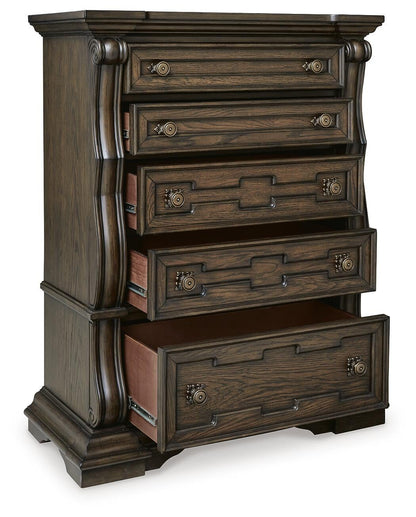 Maylee King Canopy Bed, Dresser, Mirror, Chest and Nightstand
