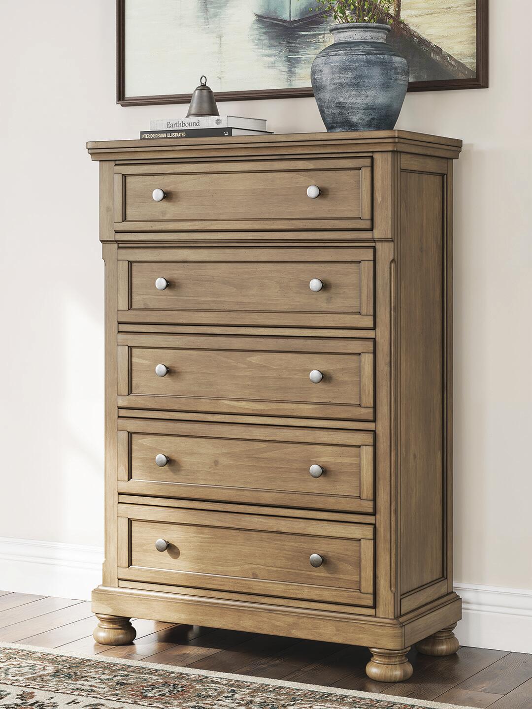 Vandenmore King Panel Bed with Mirrored Dresser, Chest and Nightstand