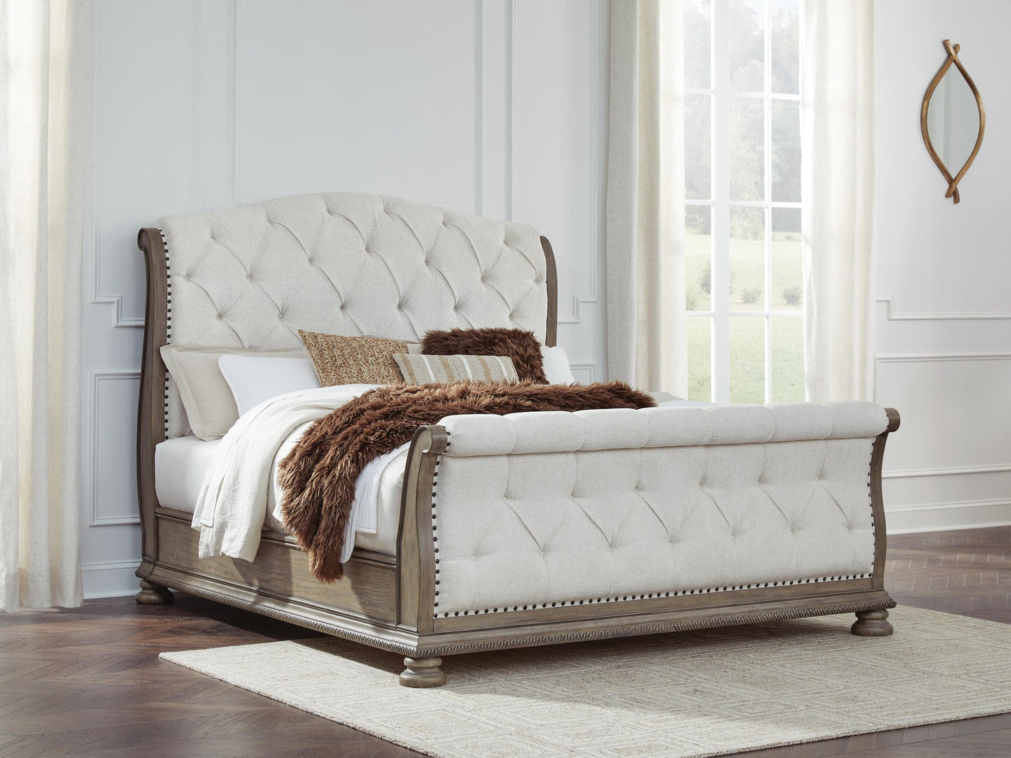 Ardenfield California King Upholstered Sleigh Bed, Dresser and Mirror