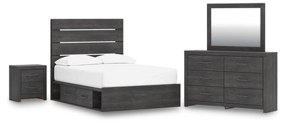 Delmorta Full Panel Bed with Storage, Dresser, Mirror and Nightstand