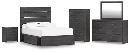 Delmorta Full Panel Storage Bed, Dresser, Mirror, Chest and Nightstand
