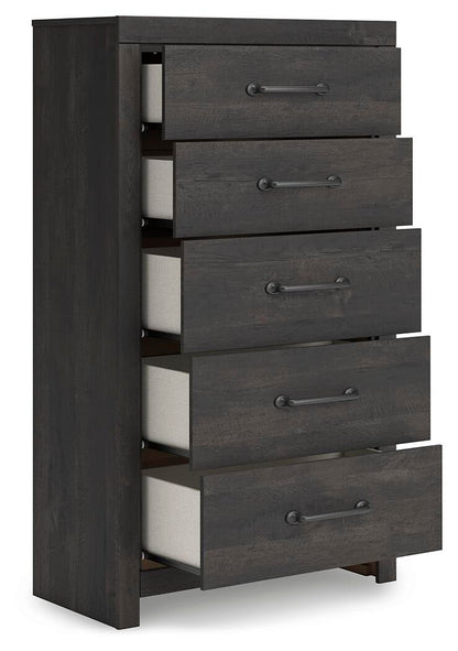 Delmorta Full Panel Storage Bed, Dresser, Mirror, Chest and Nightstand