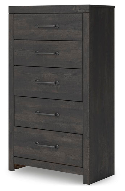 Delmorta Full Panel Storage Bed, Dresser, Mirror, Chest and Nightstand