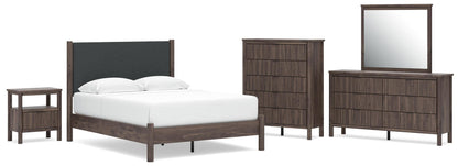 Cadmori Queen Upholstered Panel Platform Bed, Dresser, Mirror, Chest and Nightstand