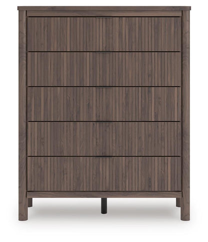 Cadmori Queen Upholstered Panel Platform Bed, Dresser, Mirror, Chest and Nightstand