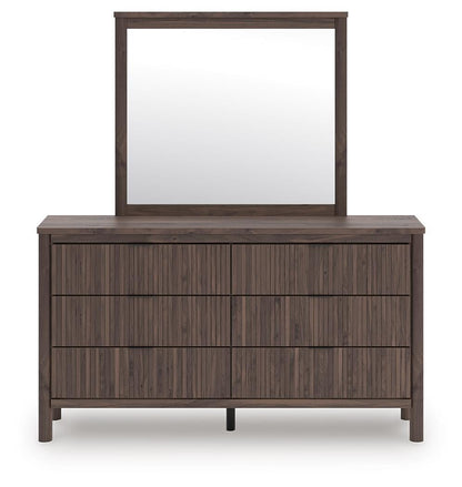 Cadmori Queen Upholstered Panel Platform Bed, Dresser and Mirror