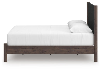 Cadmori Queen Upholstered Panel Platform Bed, Dresser and Mirror