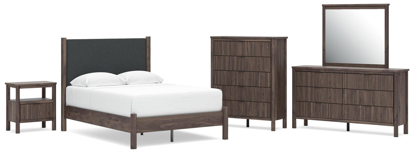 Cadmori Full Upholstered Panel Platform Bed, Dresser, Mirror, Chest and Nightstand