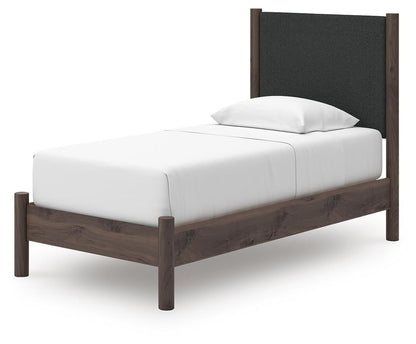 Cadmori Twin Upholstered Panel Platform Bed, Dresser, Mirror, Chest and Nightstand
