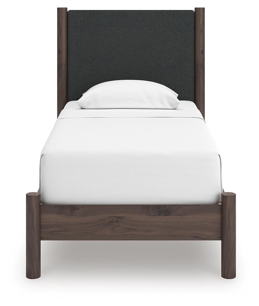 Cadmori Twin Upholstered Panel Platform Bed, Dresser, Mirror and Nightstand