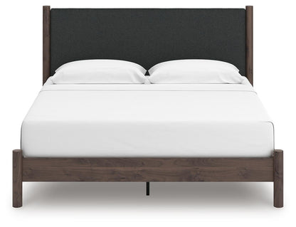Cadmori King Upholstered Panel Platform Bed, Dresser and Mirror