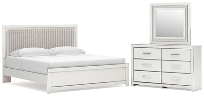 Birmonton King Upholstered Panel Platform Bed, Dresser and Mirror