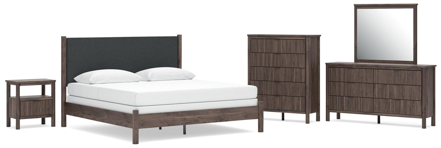 Cadmori King Upholstered Panel Bed, Dresser, Mirror, Chest and Nightstand