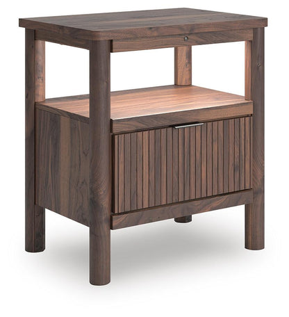 Cadmori Queen Upholstered Panel Bed, Dresser, Mirror and Nightstand