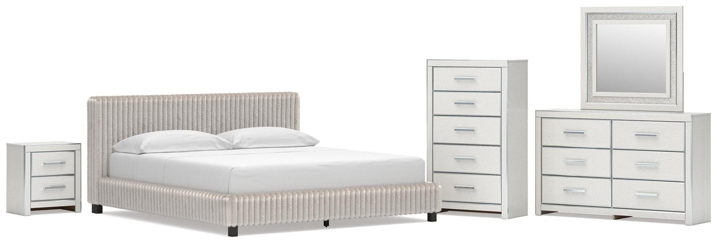 Birmonton California King Upholstered Bed, Dresser, Mirror, Chest and Nightstand