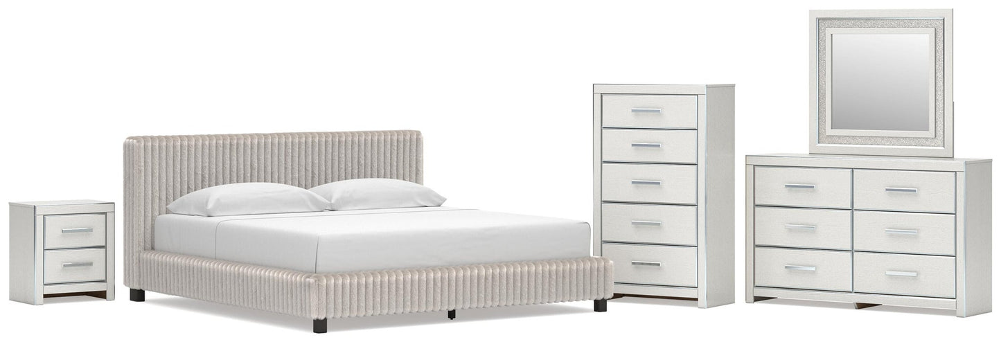 Birmonton King Upholstered Bed, Dresser, Mirror, Chest and Nightstand