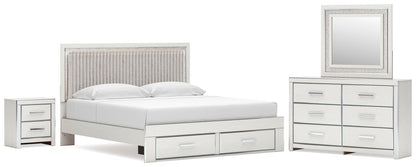 Birmonton King Upholstered Panel Platform Storage Bed, Dresser, Mirror and Nightstand