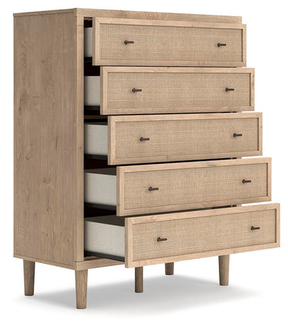 Cielden California King Upholstered Bed with Roll Slats, Dresser, Mirror, Chest and Nightstand