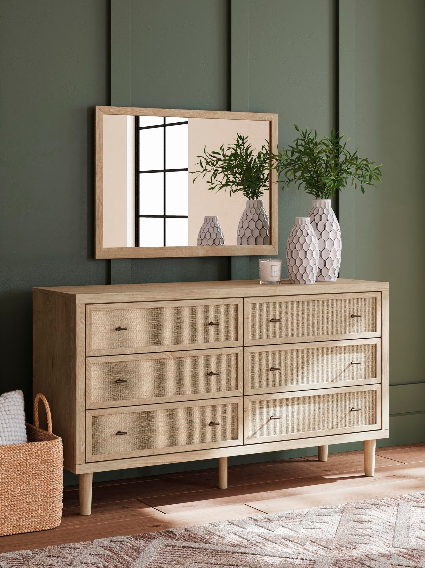 Cielden King Upholstered Bed with Roll Slats, Dresser and Mirror