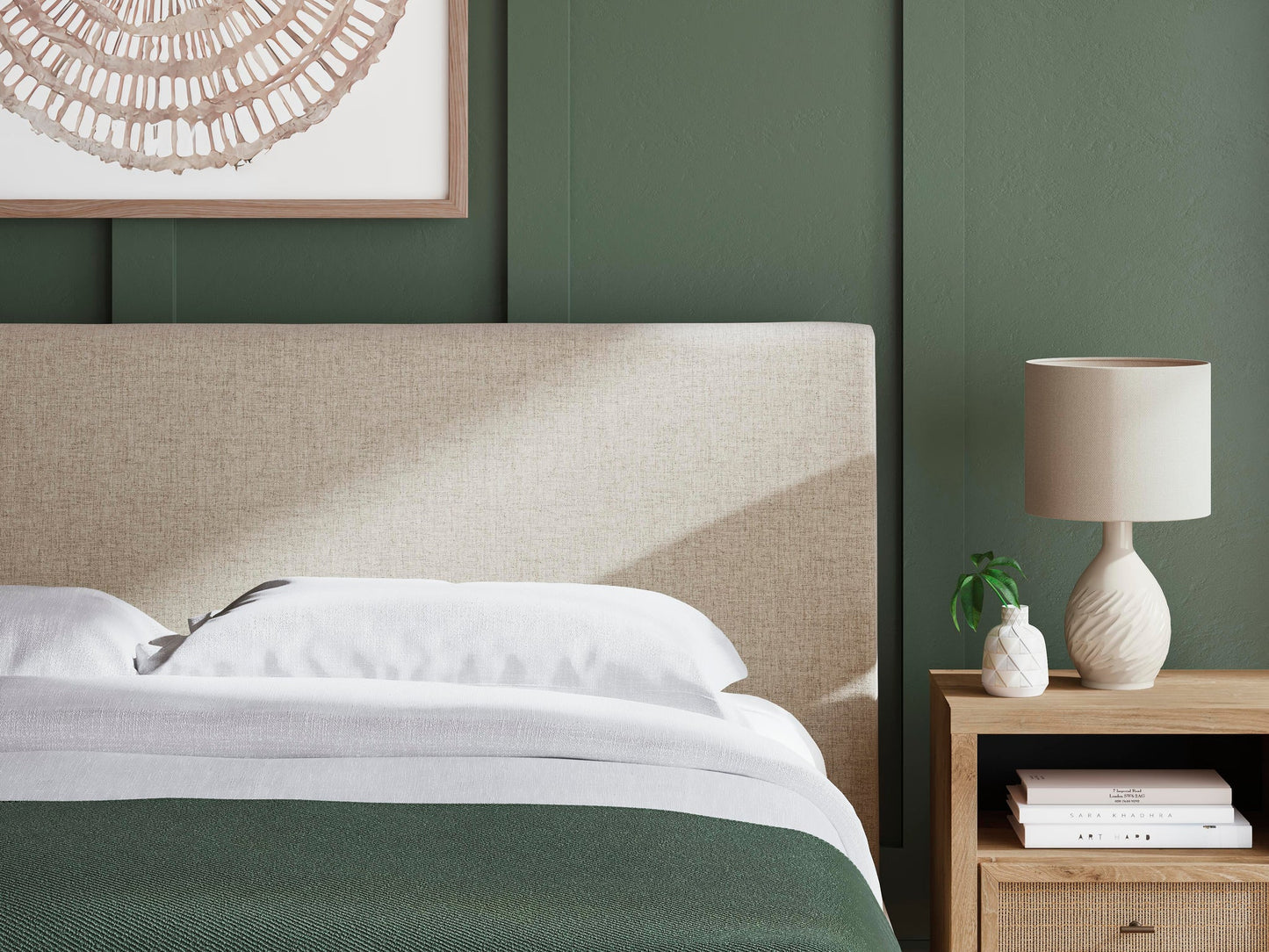Cielden King Upholstered Bed with Roll Slats, Dresser and Mirror