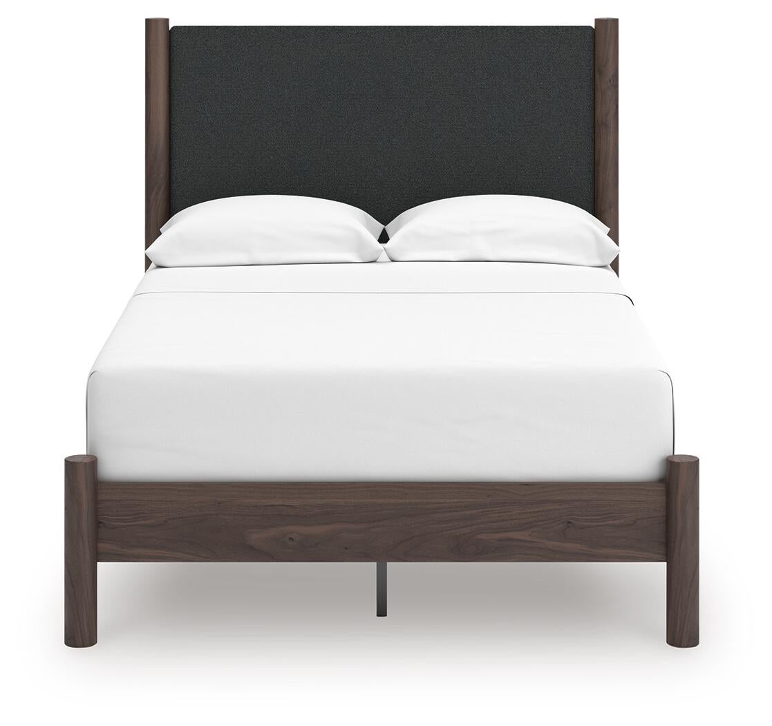 Cadmori Full Upholstered Panel Platform Bed, Dresser and Mirror