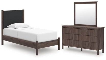 Cadmori Twin Upholstered Panel Platform Bed, Dresser and Mirror