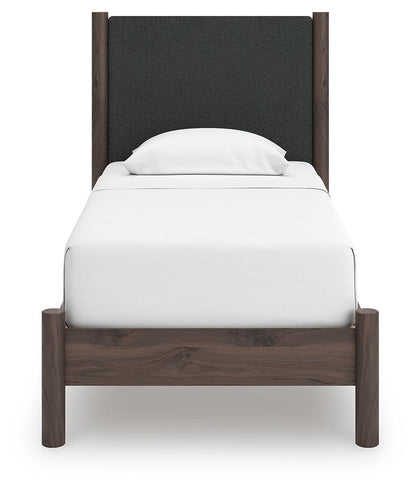 Cadmori Twin Upholstered Panel Platform Bed, Dresser and Mirror
