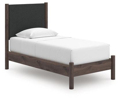 Cadmori Twin Upholstered Panel Platform Bed, Dresser and Mirror