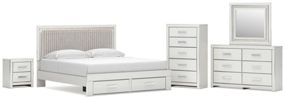 Birmonton King Upholstered Panel Platform Storage Bed, Dresser, Mirror, Chest and Nightstand