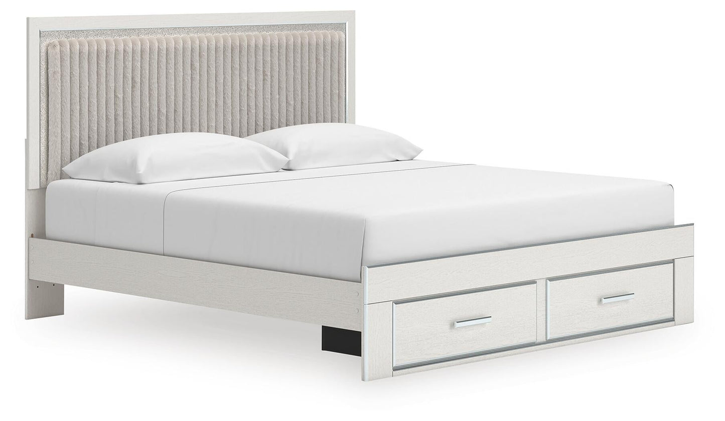 Birmonton King Upholstered Panel Platform Storage Bed, Dresser and Mirror