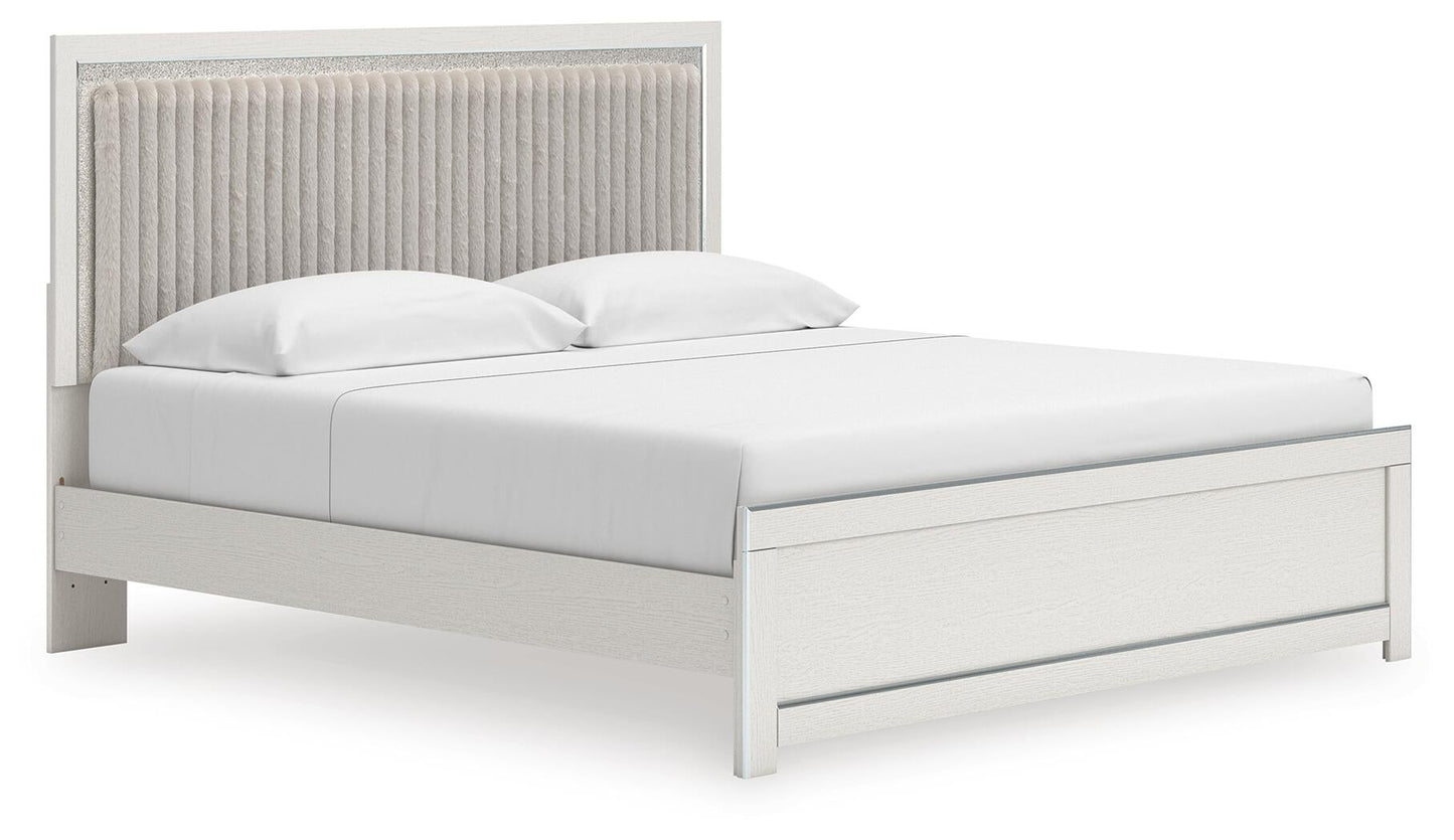 Birmonton King Upholstered Panel Platform Bed, Dresser, Mirror and Nightstand