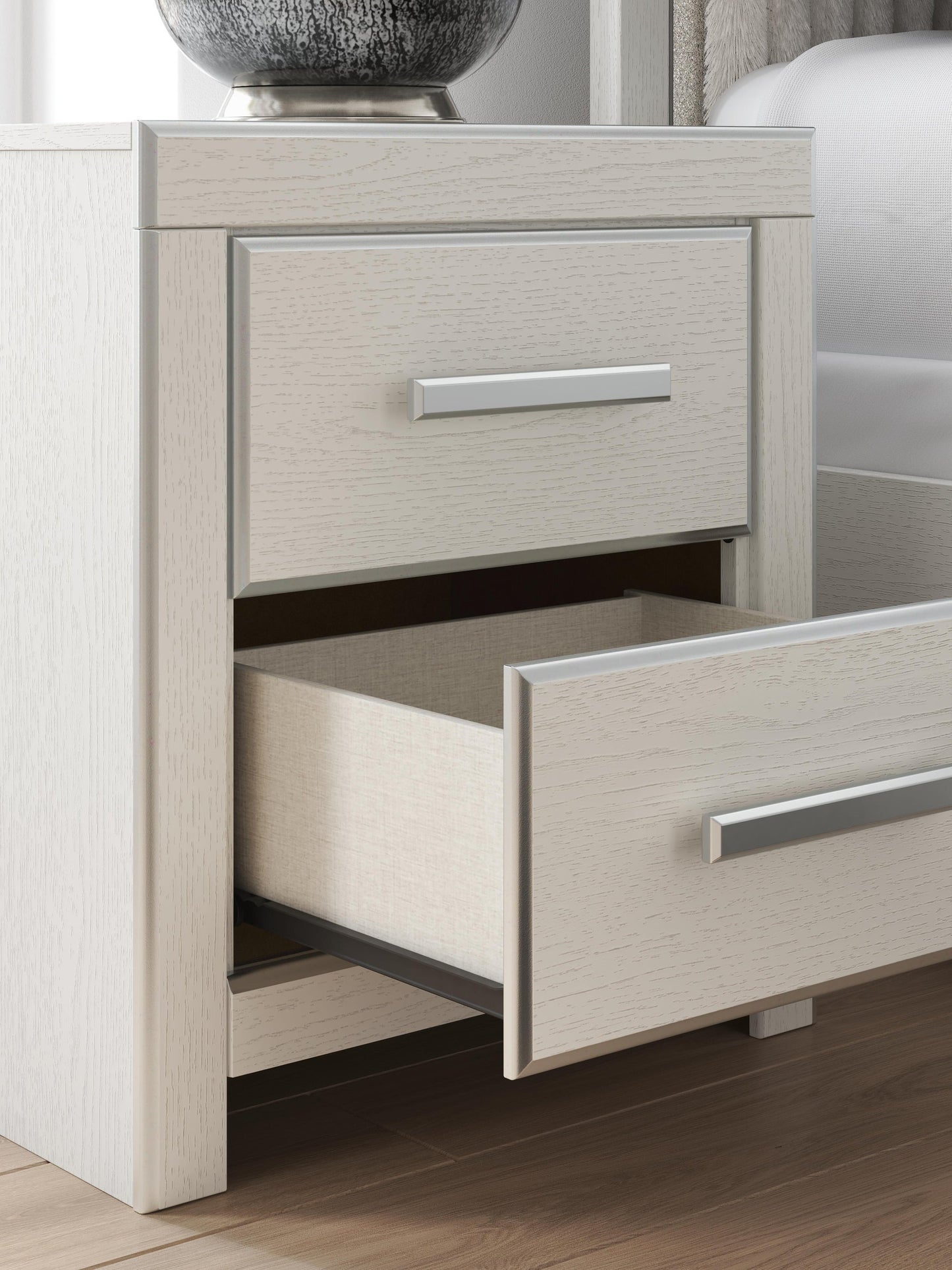 Birmonton California King Upholstered Bed, Dresser, Mirror and Nightstand