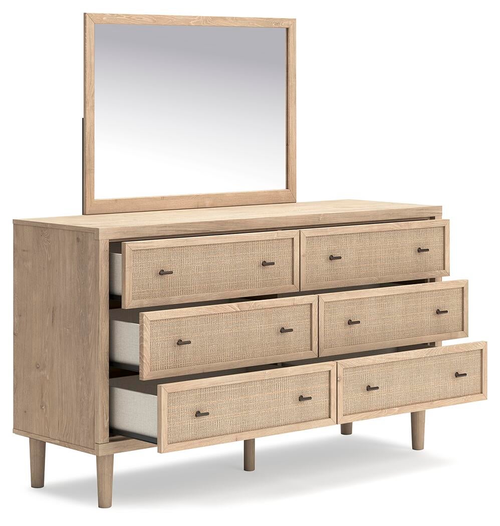 Cielden California King Upholstered Bed with Roll Slats, Dresser and Mirror