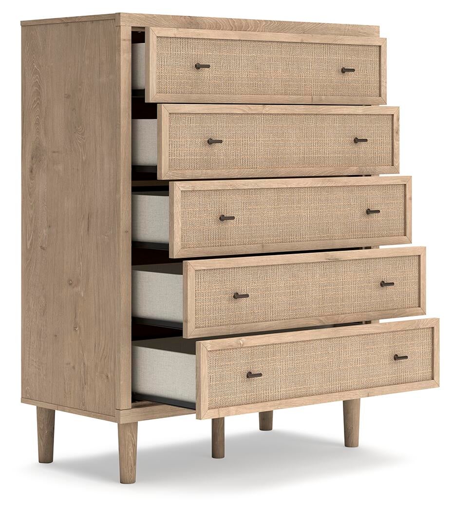 Cielden Full Upholstered Bed with Roll Slats, Dresser, Mirror, Chest and Nightstand