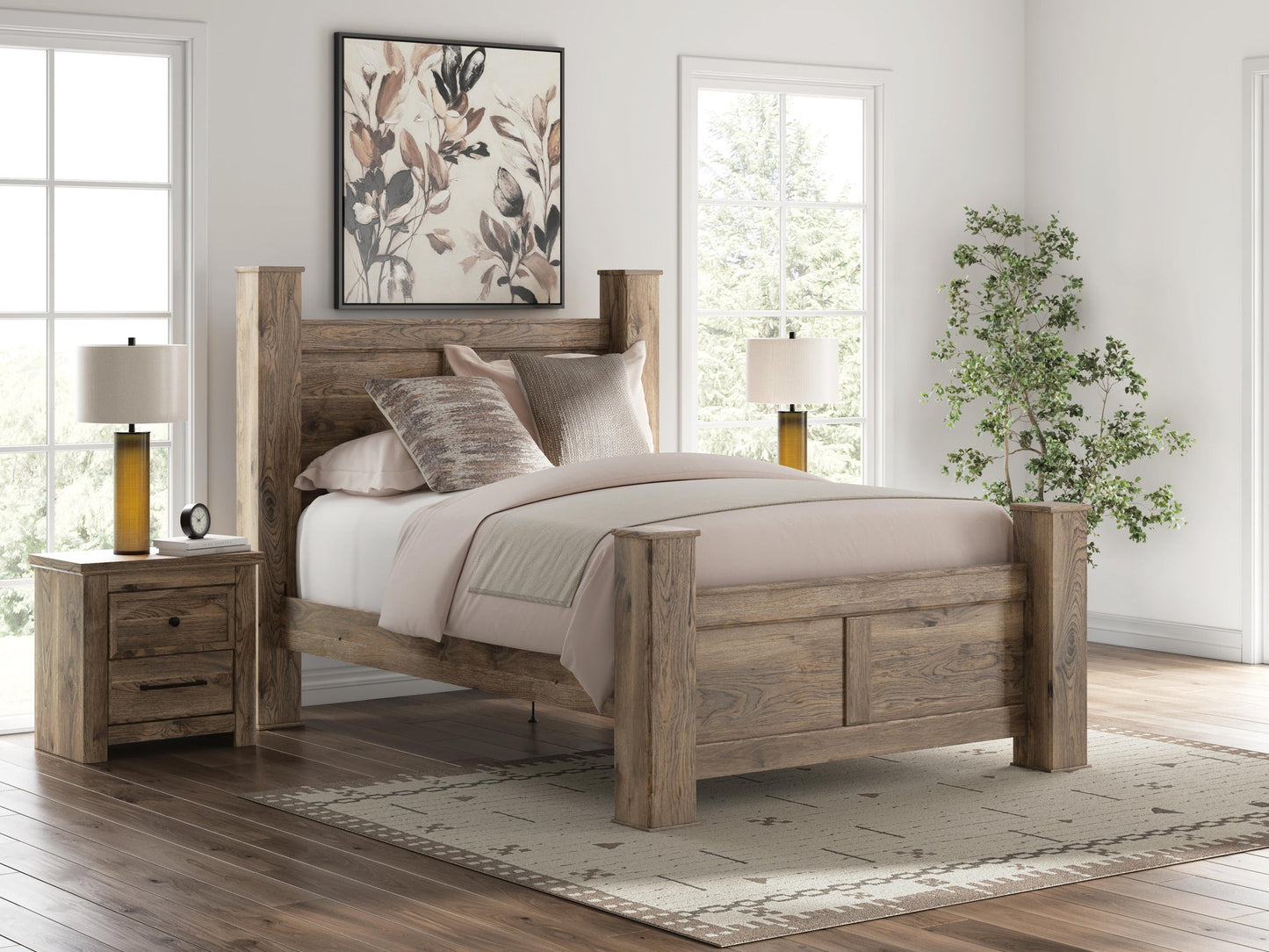 Keithland Queen Poster Bed with Mirrored Dresser and Nightstand